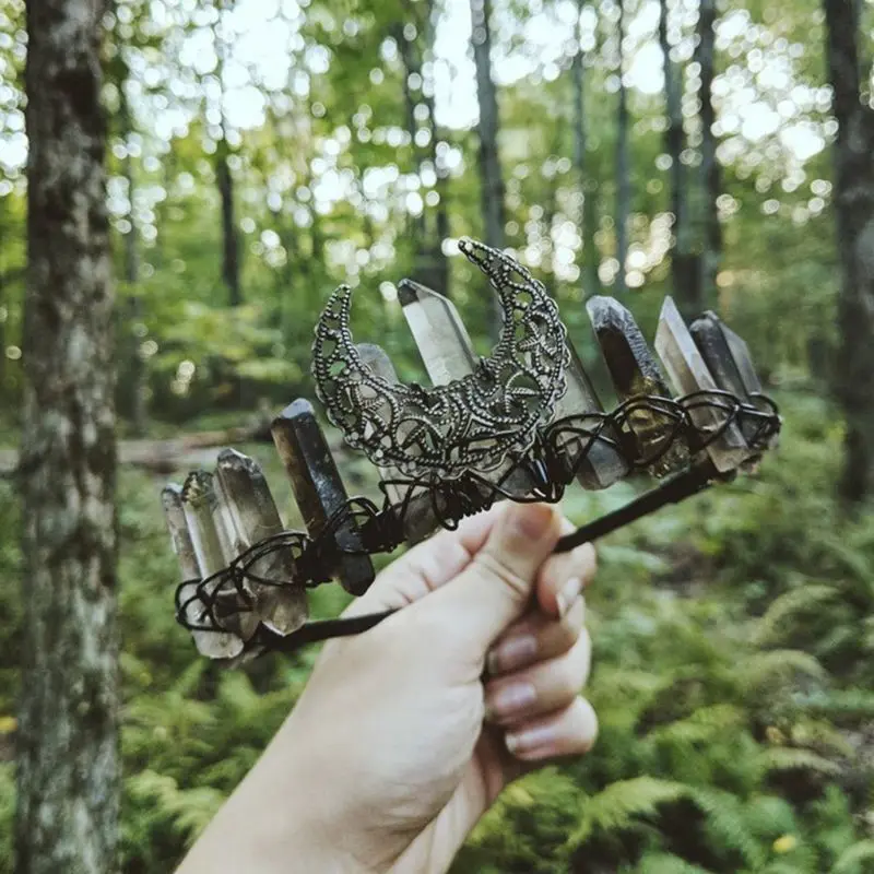 

Womens Ethnic Jewelry Crown Headband Faux Raw Crystal Alloy Moon Hair Hoop Tiara