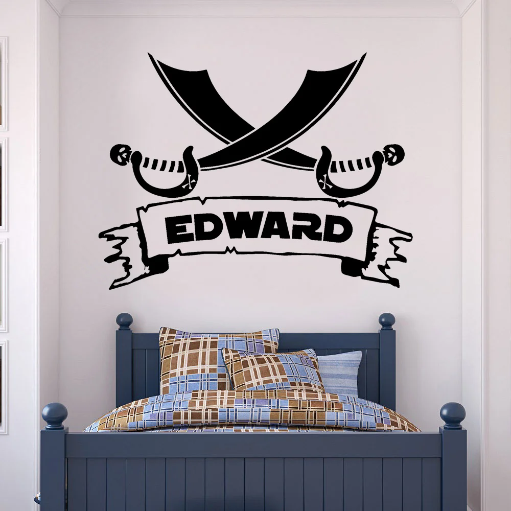 

Personalized Boys Name Pirate Cross Swords Cartoon Wall Sticker Vinyl Home Decor Children's Kids Room Nursery Decals Murals A953
