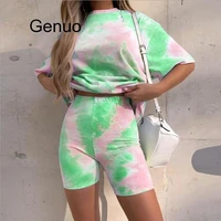 womens biker shorts set two pieces sets tie dye gradient printing casual two piece shorts tracksuit sleepwear lounge suits 2020