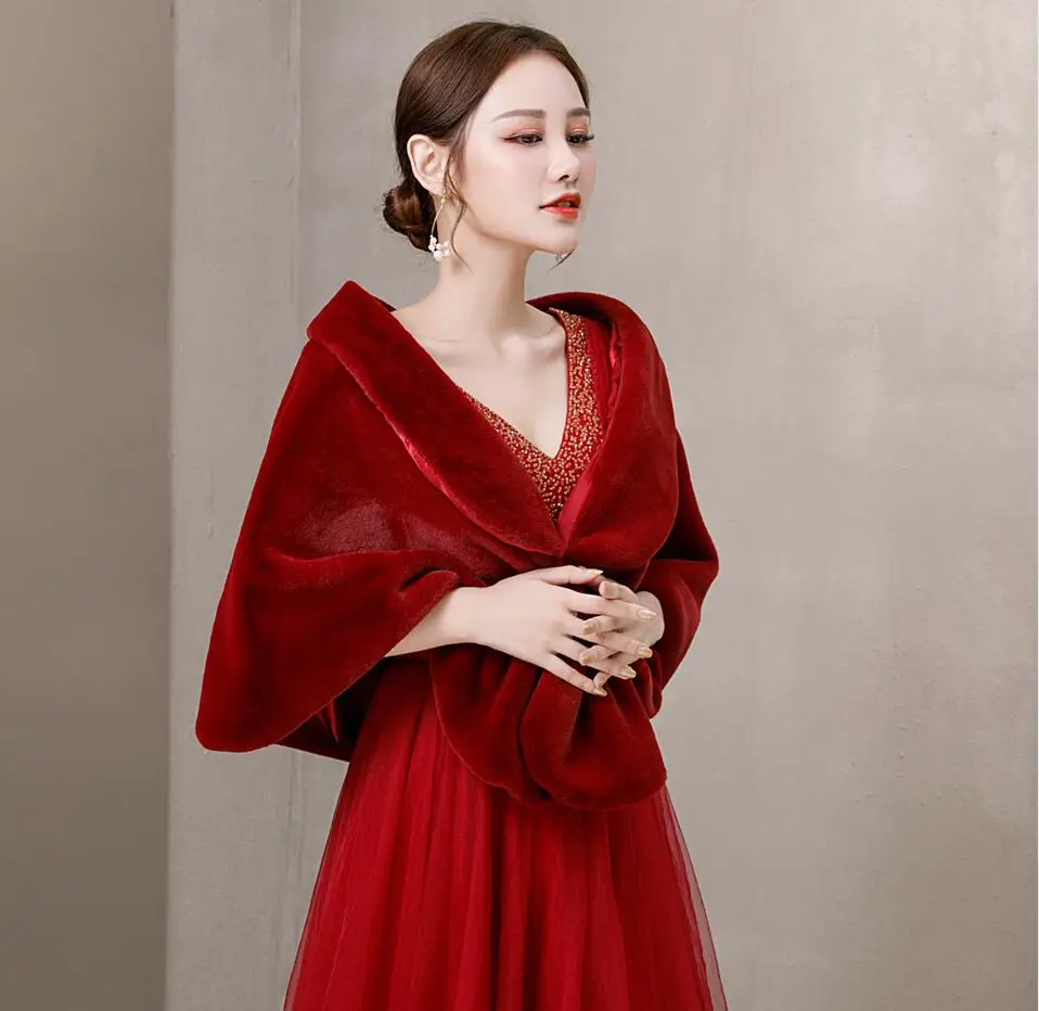 Бесплатная доставка зимнее свадебное болеро без рукавов теплое темно красное из