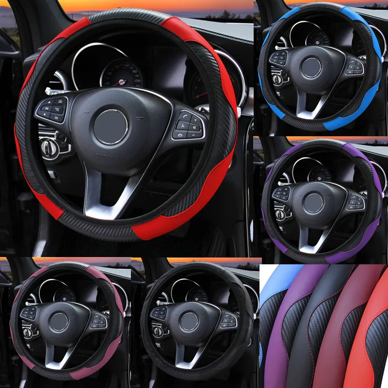 

Car Steering Wheel Cover Breathable Anti Slip PU Leather Steering Covers Suitable 37-38cm Auto Car Decoration Carbon Fiber