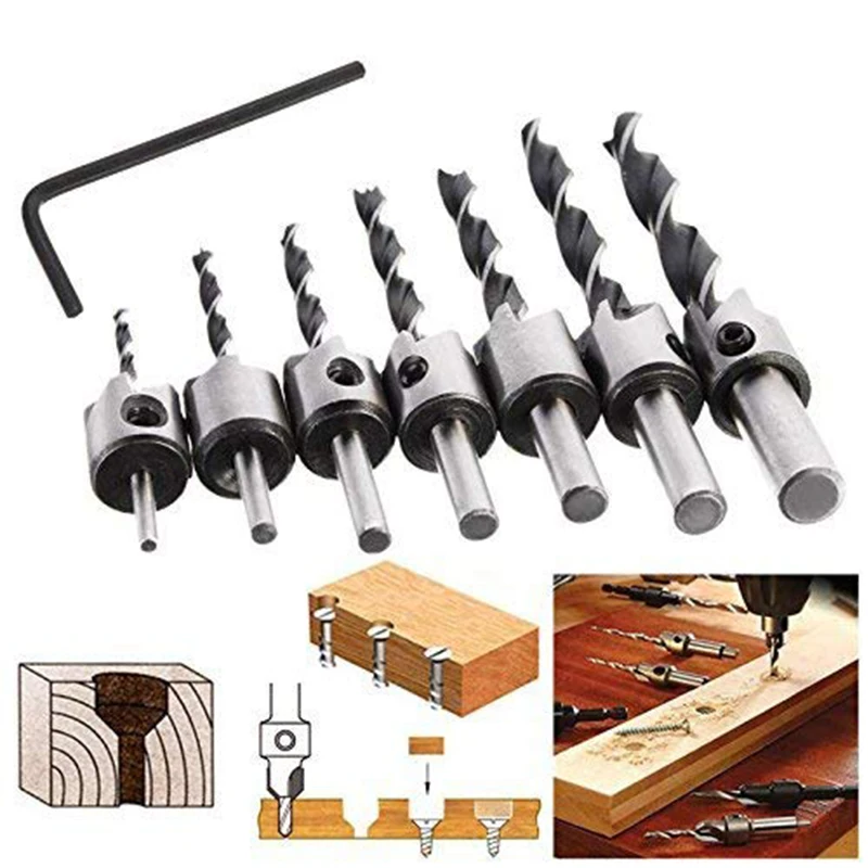 

Countersink Drill Bits Set 7pcs 3mm-10mm Counter Sinker Drill Bit for Wood HSS Woodworking Carpentry Reamer With Hex Key Wrench