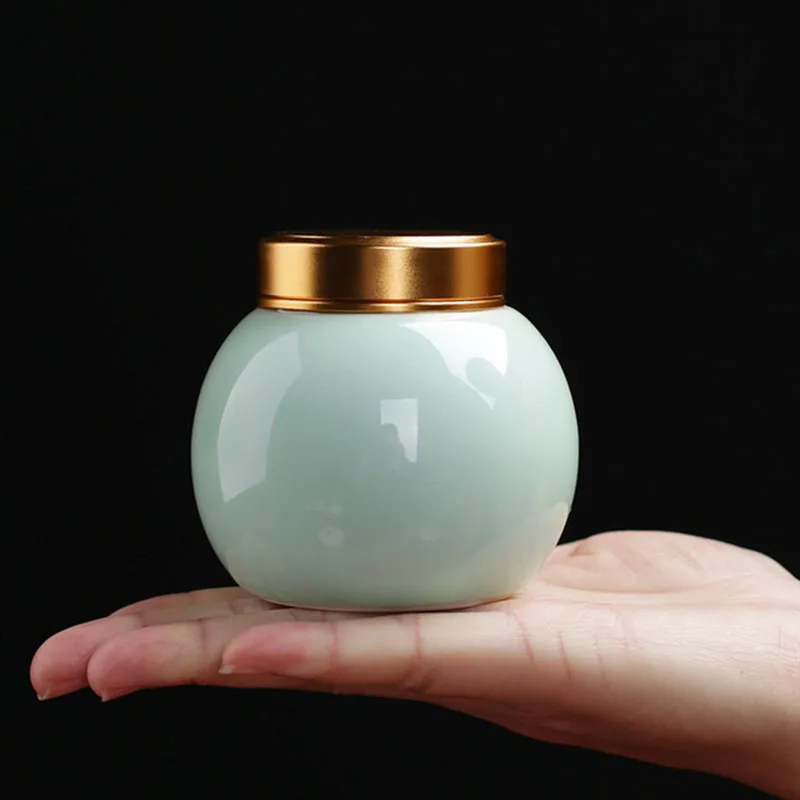 

Chinese Style Tea Canister with Alloy Lid Teaware Celadon Tea Caddy Tea Box Mini Sealed Storage Jar