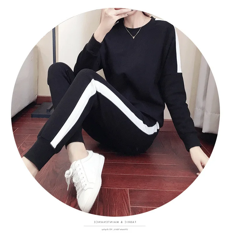 

Harajuku 2020 stitching two-color European and American hot round neck long-sleeved dress casual and comfortable ladies suit