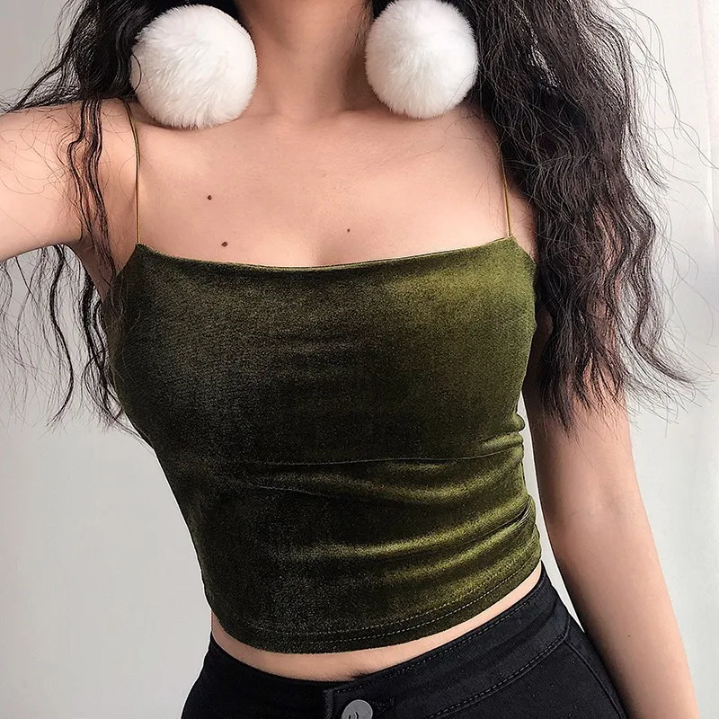 olive green Новинка, женская мода, корейский стиль, красный, черный, сплошной цвет, короткий секционный сексуальный топ, Женский Галстук, золотой бархат, топы S656 - Цвет: olive green