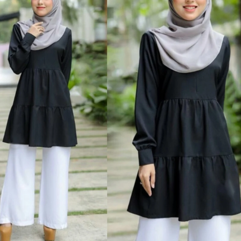 

Women Muslim Long Sleeve Tunic Tops Flared Ruffles Hem Solid Color Pullover Loose Shirt Autumn Malaysia Turkey Abaya Dubai Vinta