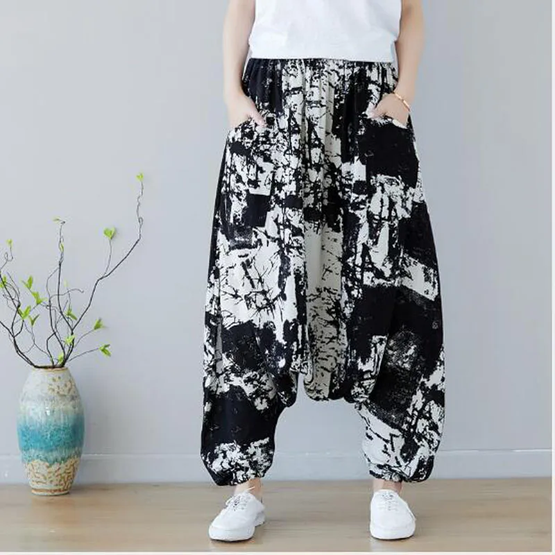Женские свободные брюки-багги в стиле бохо эластичные брюки-шаровары из хлопка и