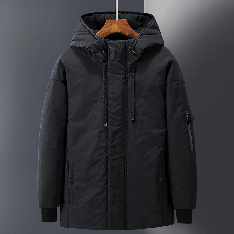 

Winter Thick Men Down Jacket 2021 Zipper Single-breasted White Duck Down Warm Windbreaker Coats Casual Middle Length Hooded Coat