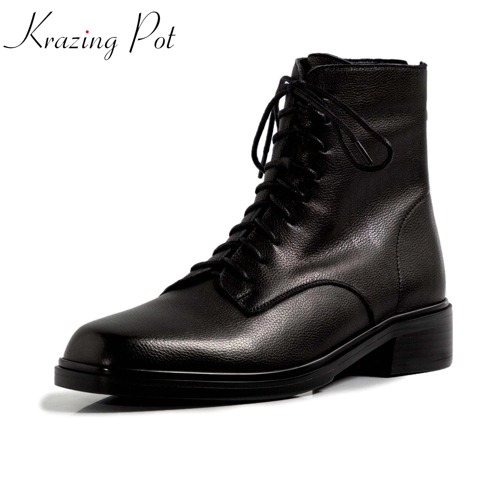 

krazing pot 2021 full grain leather round toe Chelsea boots lace up keep warm British school med heels big size ankle boots l16