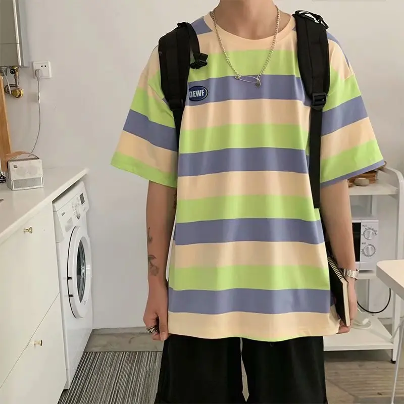 

Summer Hong Kong style new short-sleeved Korean ins trend striped T-shirt Japanese Harajuku tide brand loose half-sleeved top