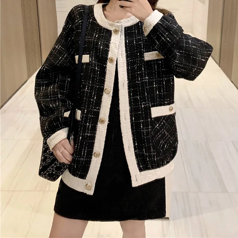 Cech tweed coat women clothes midi Elegant Slim Long Sleeve Plaid Coat Female Vintage jacket autumn winter coat ladies tops