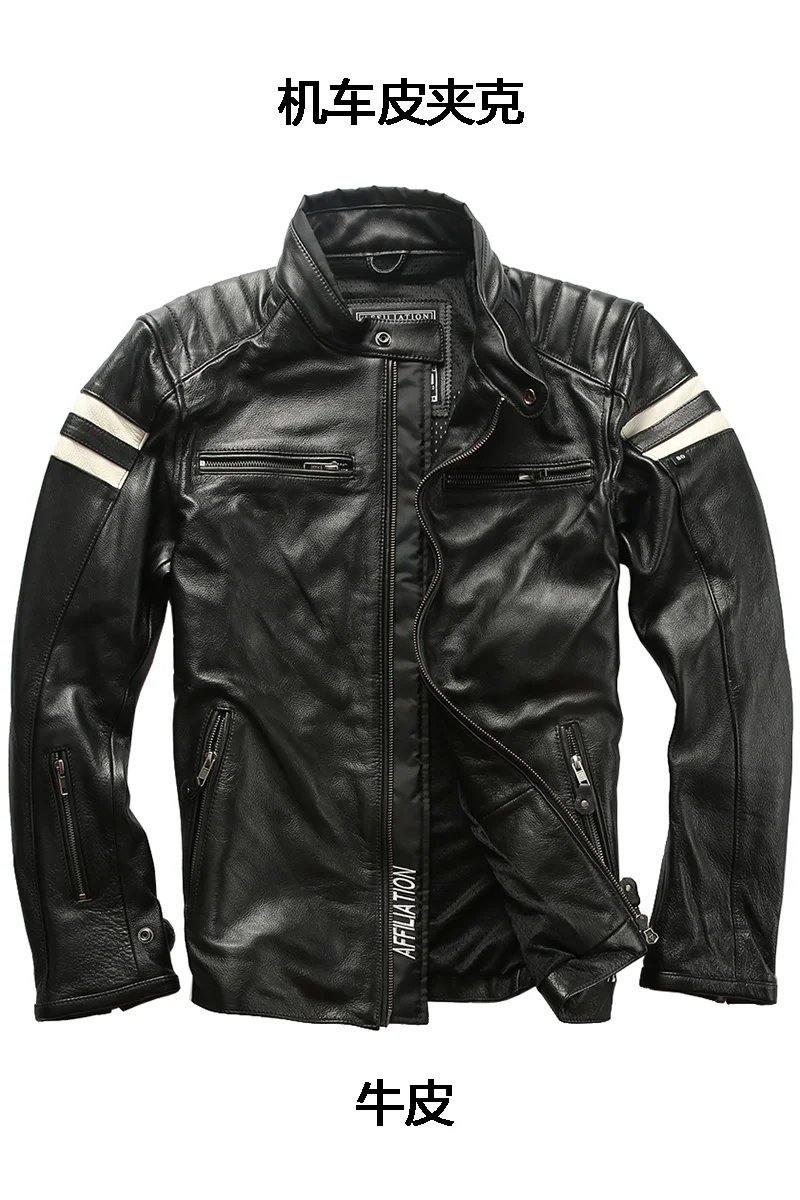 

2019 Men's Slim Fit Motorcycle Leather Jacket Red Cow Leather Biker Jacket Men Stand Collar Contrast Color Leather Coat Male