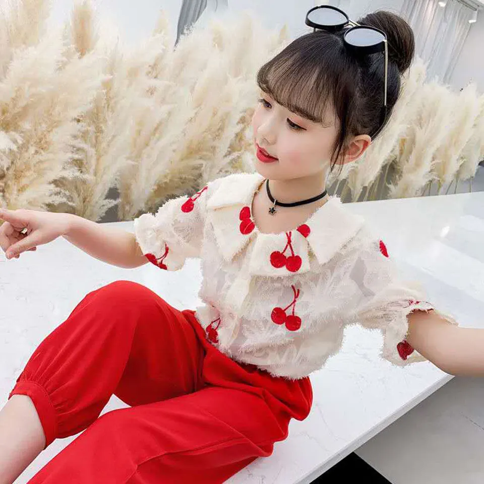 

New Arrival Toddler Kids Girl Clothes Cherry Pattern Short Sleeve T-shirt + Loose Pants 2 Piece Set Baby Girl Clothing Outfit