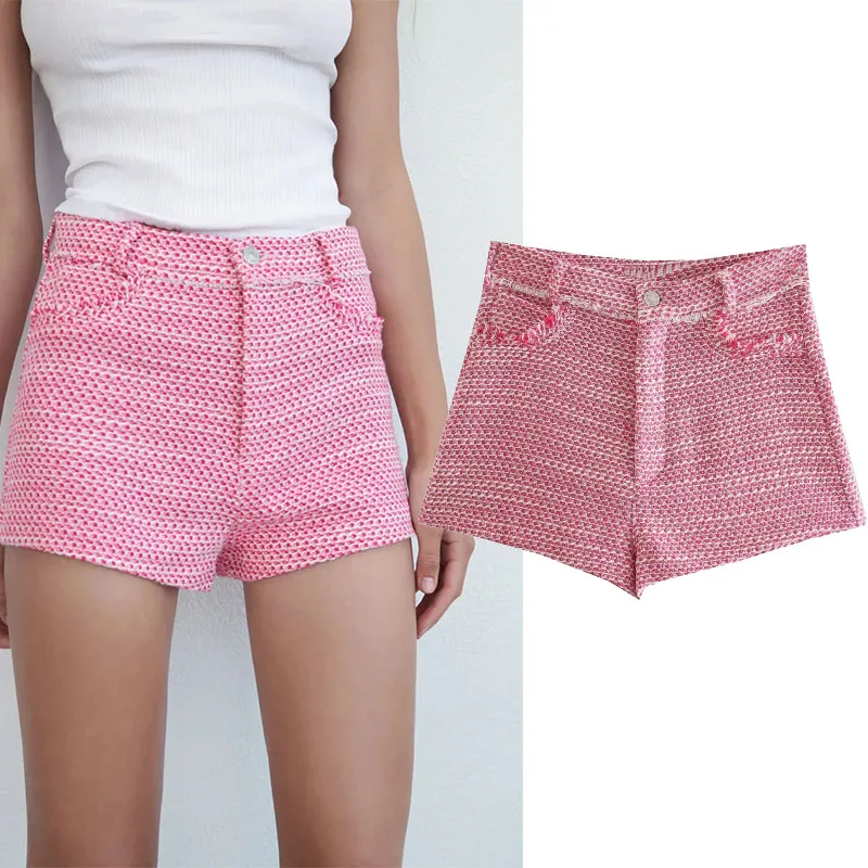 

Xypskh Za Women 2021 Autumn New Fashion Commute Tweed Shorts Vintage High Waist Zipper Side pocket Female Short Pants Mujer