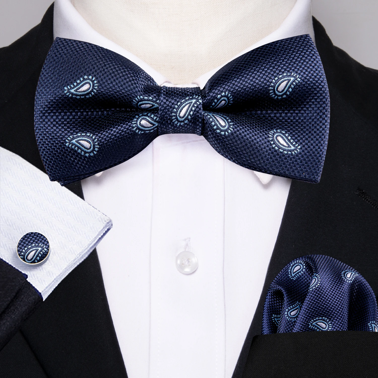 

Barry.Wang Navy Baby Paisley Bow Ties For Men Silk Butterfly Pre-Tied Bow Tie Pocket Square Cufflinks Suit Set Floral Bowtie