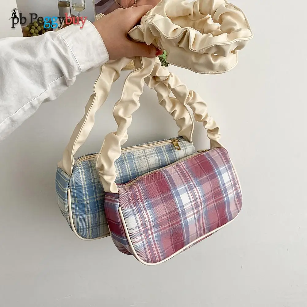 

2021 Pleated Female Handbag Fashion Women Canvas Pleated Plaid Printing Small Handbag Crossbody Shoulder Bag Women
