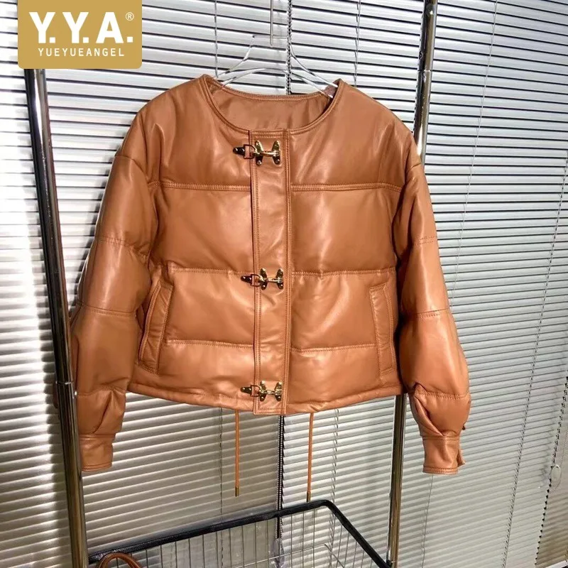 

Women Sheepskin Down Jackets Autumn Winter Short O-Neck Genuine Leather Jacket Designer Office Lady Casual Full Sleeve Outwear