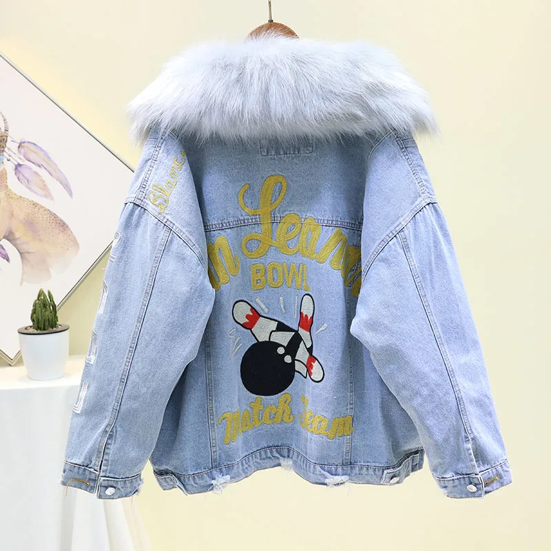 Зимняя джинсовая куртка с вышивкой Женская подкладка из овечьей шерсти + большой