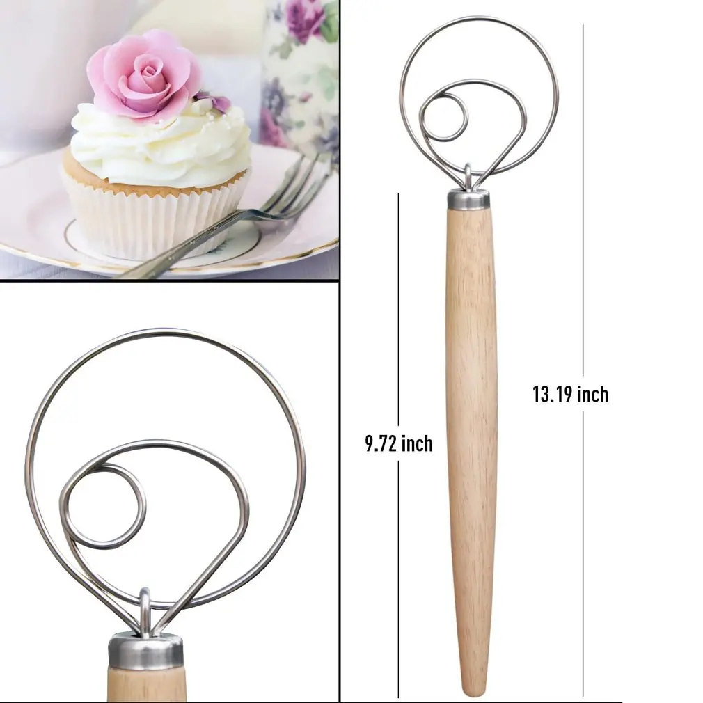 

Creative New 1PC Stainless Steel Blender For DIY Bread Dough Bakeware Dough Whisk Eggs Beater Mixer Tool Oak Wood Handle