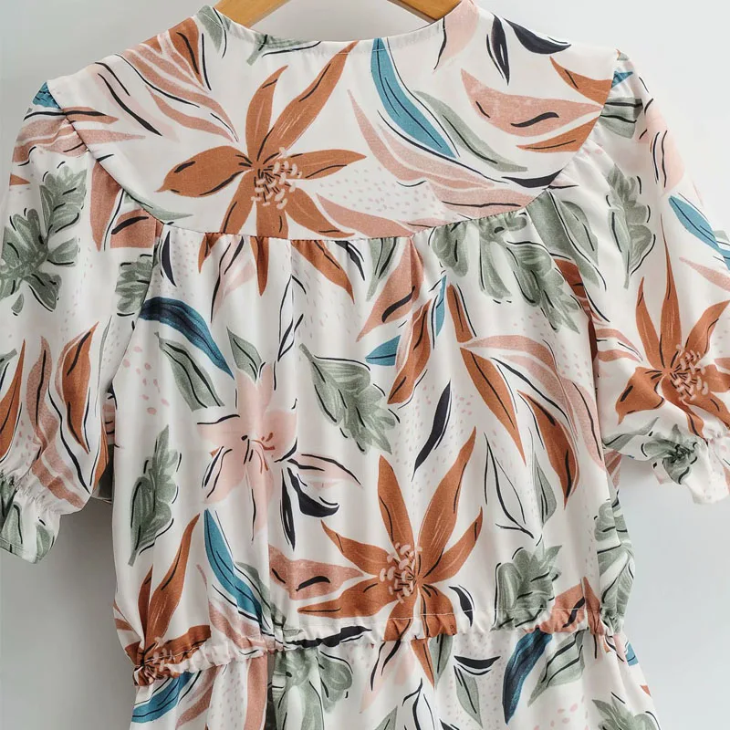 

Vacation Style V-neck Short Sleeve Women's Dress Vintage Single-breasted Lace-up Waist Floral Print Mid-length Chic Female Dress