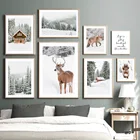 Зимний пейзаж Снежный сосновый лес дом олень лиса скандинавский плакат настенный художественный Принт Холст Картина на стену для декора гостиной