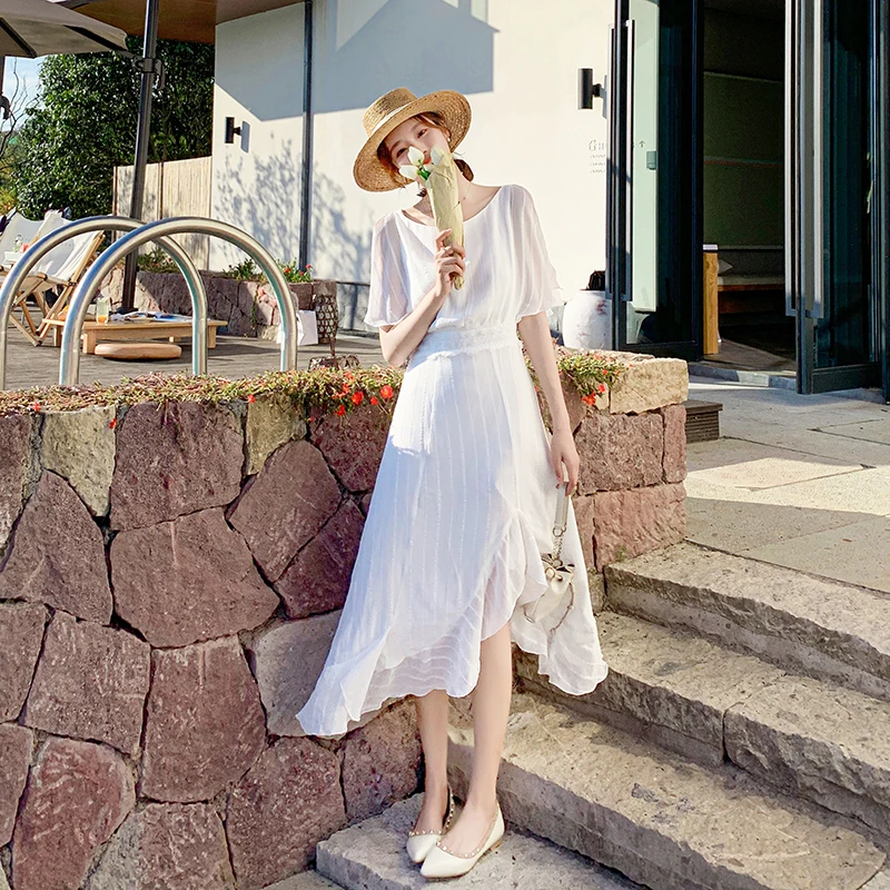 

White Summer Sexy Women Long Dress Short Sleeve O-neck Asymmetrical Splitting Dresses Beach Holiday Party Ladies Vestidos 2021
