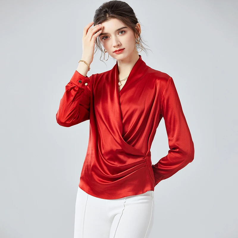 

100% Pure Silk Women's Shirts Sexy V Neck Long Sleeves Criss Cross Elegant Fashion Blouse Shirt Top