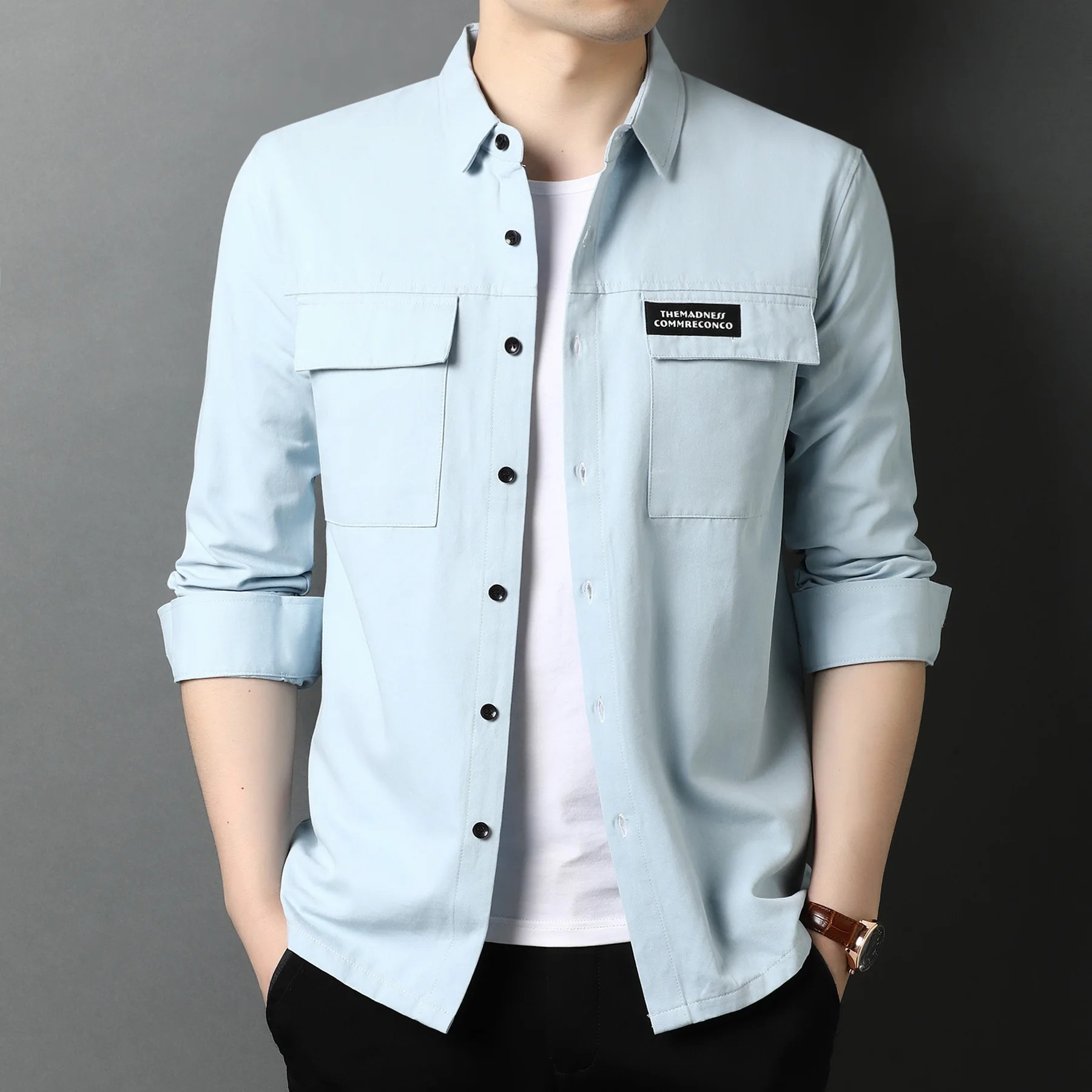 2021 New Spring Autumn High Quality Streetwear Fashion Style Big Pocket 100% Cotton Long Sleeve Shirt Men Clothing