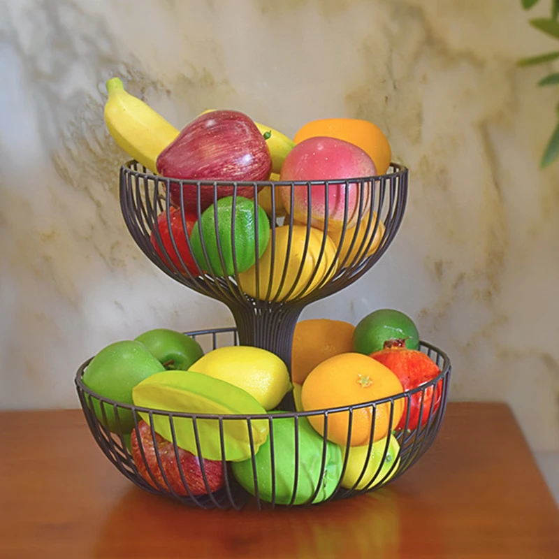 

Double Layer Style Fruit Basket Creative Wrought Iron Living Room Fruit Bowl Multi-Function Storage Basket Rack