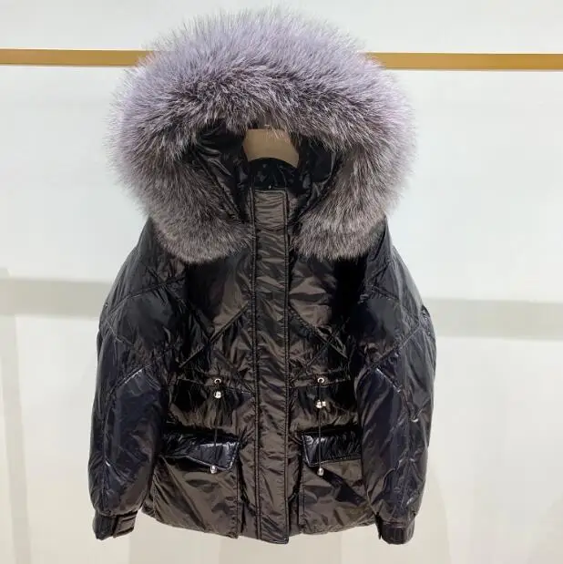 Большой натуральный мех, новинка, зимняя женская куртка, 90% белый утиный пух, пуховик с капюшоном, верхняя одежда, Свободный теплый плотный пуховик, парка - Цвет: Черный