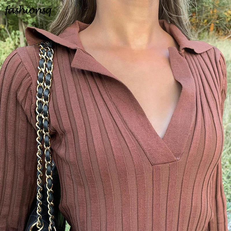 

2020 V-Neck Wrapped Knitted Brown Dress Women Autumn Solid Lapel Collar Sweater Dresses Women Bodycon Short Long Sweater Female