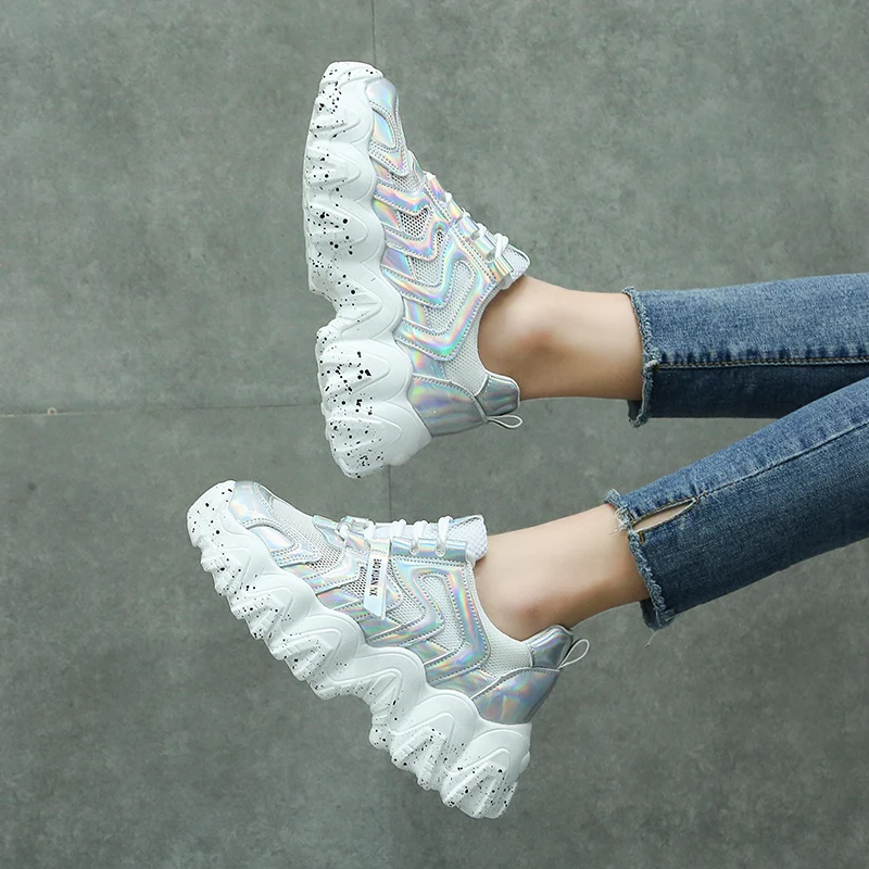 

Vulcanized Shoes Woman's 2021 Chunky Sneakers Spring Leather Casual Sport Shoes Sequin Design Comfortable Platform Mesh Shoes