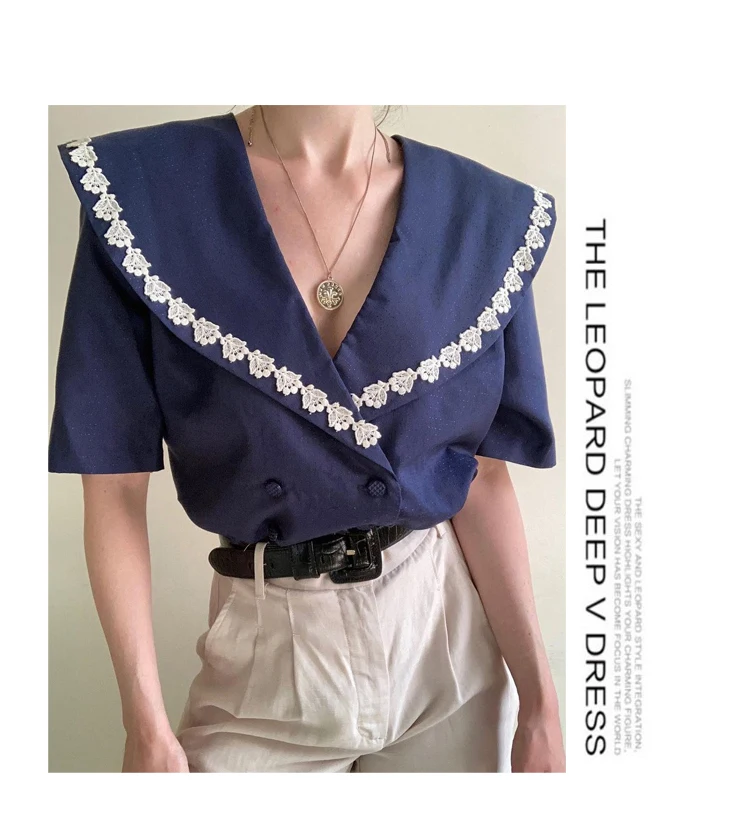 

Women's Navy Lapel with White Floral Stitching Shirt 2021 Spring Double Breasted Short Sleeve Casual Blouse Top