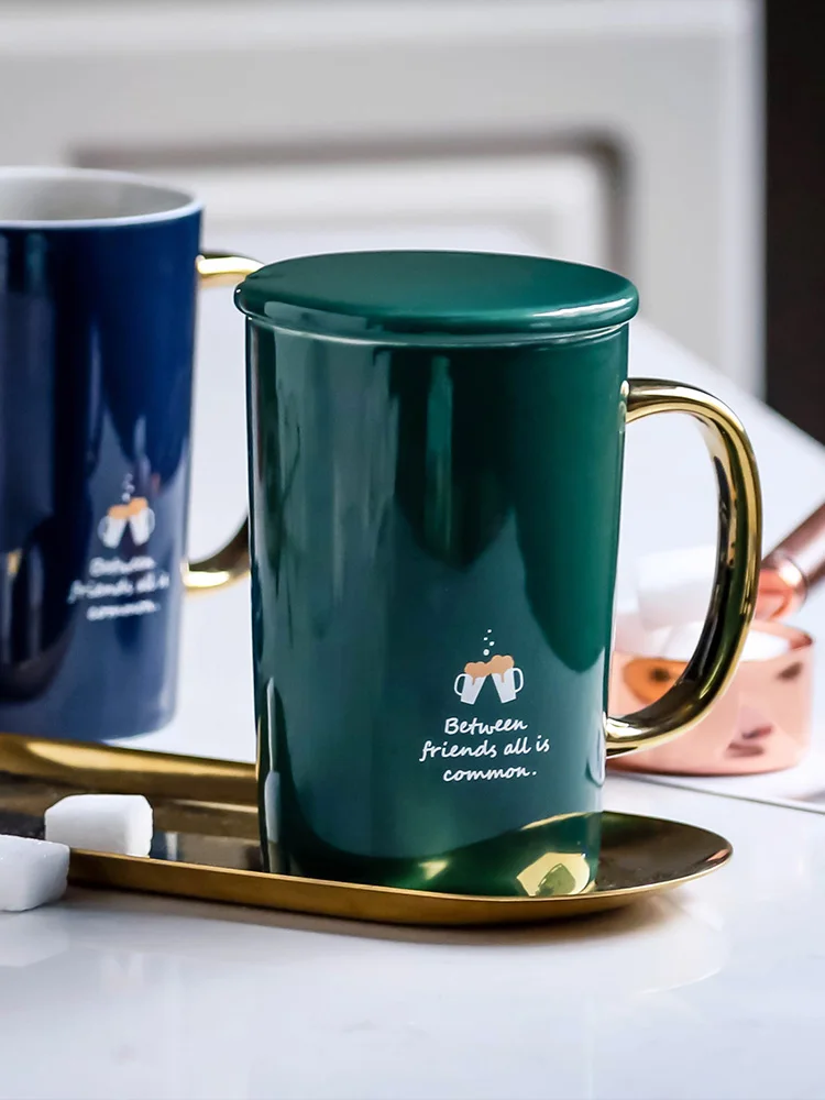 

Nordic Style Coffee Mug Creative Print Porcelain Lid Cup Personalized Luxury Black Ceramic 1 Piece Stirring Potter Mug KK60MK