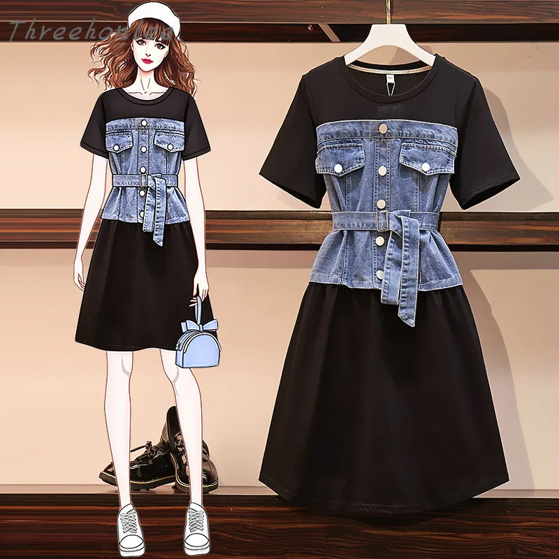 

Plus Size Summer 2021 New Casual Fashion Woamn Patchwork Denim Dresses O-neck Short Sleeve Mini Oversize Female Korean Dress