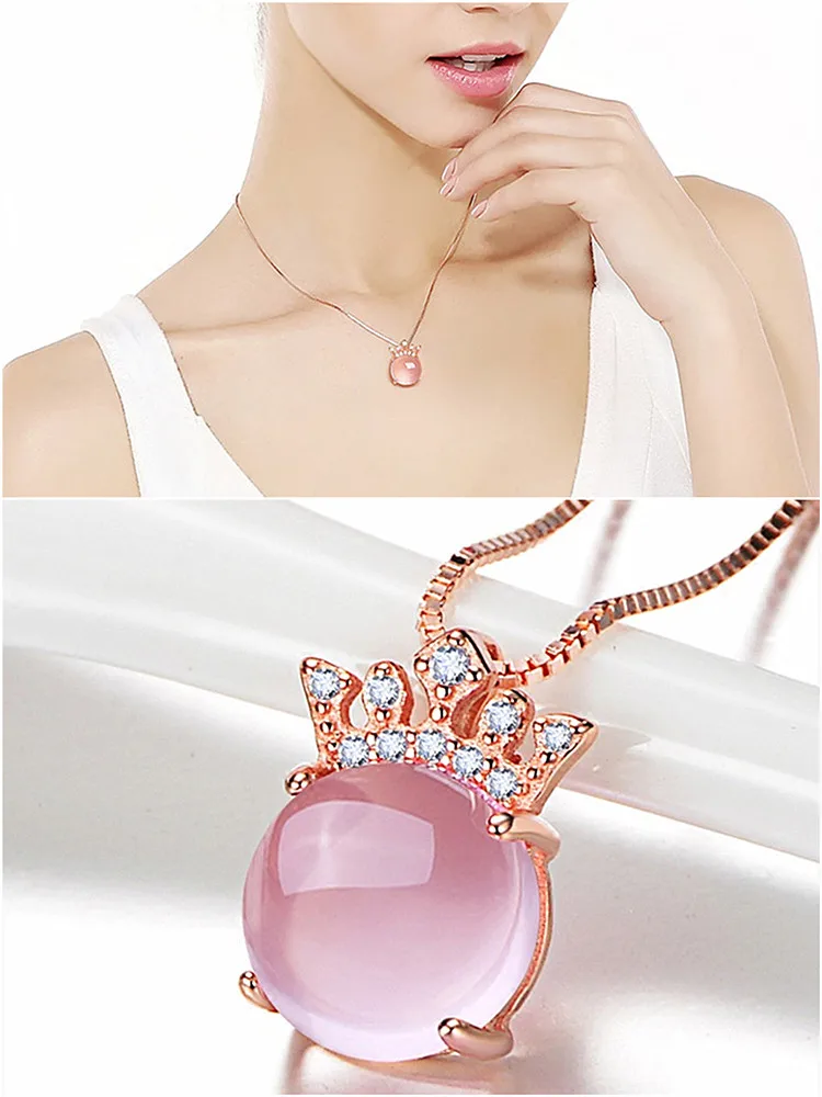 

Crown Pink Crystal Zircon Diamonds Gemstones Pendant Necklaces for Women Girl Rose Gold Color Choker Chain Jewelry Gift Trendy