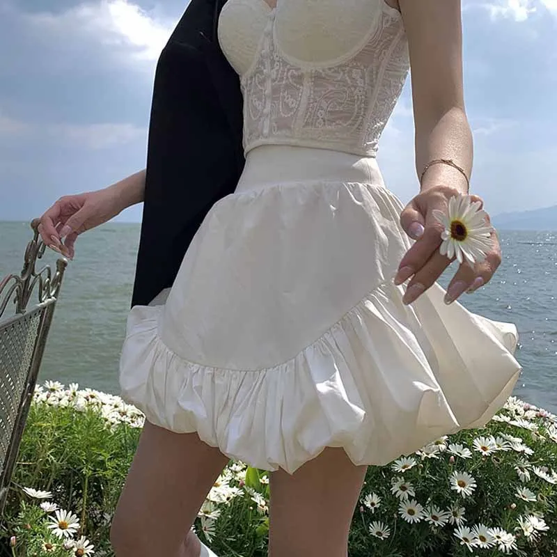 

High waist mini pleated ball gown skirt Women elegant black summer short asymmetrical skirt Fashion white gothic sexy skirts