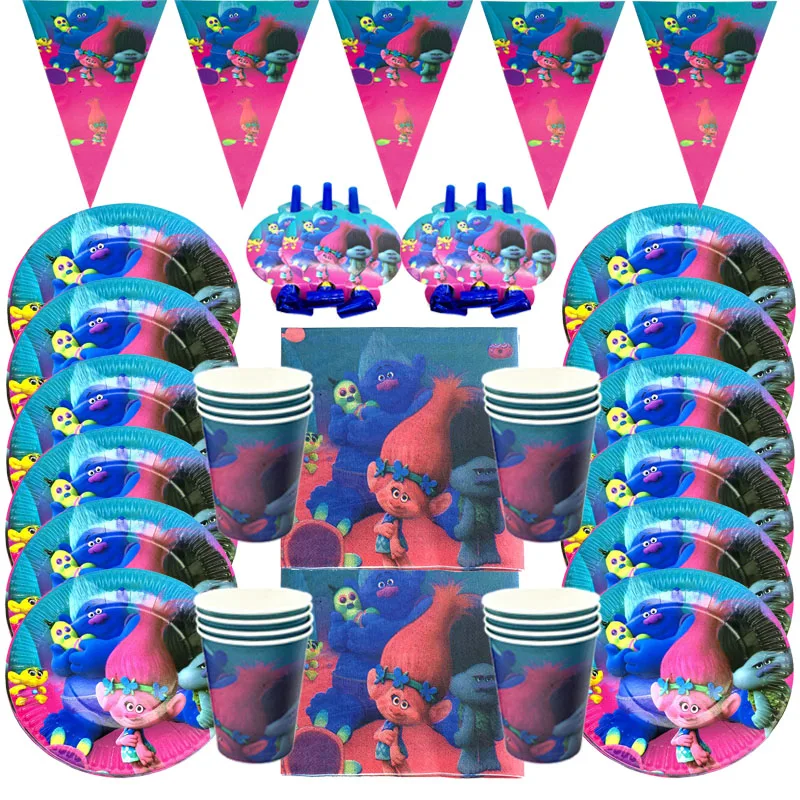

Cartoon Trolls Theme Party Decor Tableware Set Paper Plates Cups Napkins Baby Shower Birthday Party Supplies Anniversaire Fille