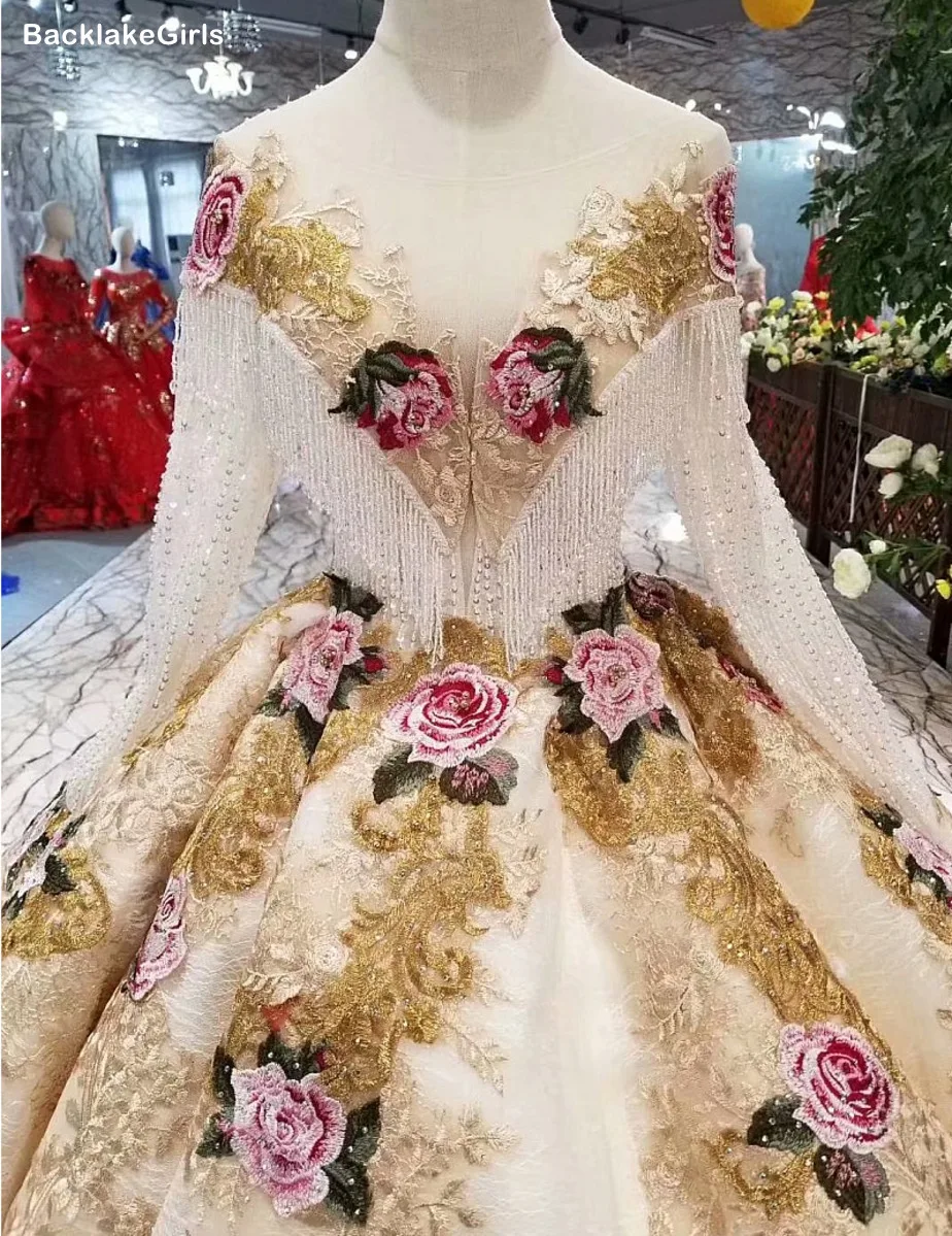 Rose Flowers Champagne And White Beautiful Dress Floor Length O Neck Long Sleeve Lace Up Back Cheap Evening Robe De Mariee | Свадьбы и