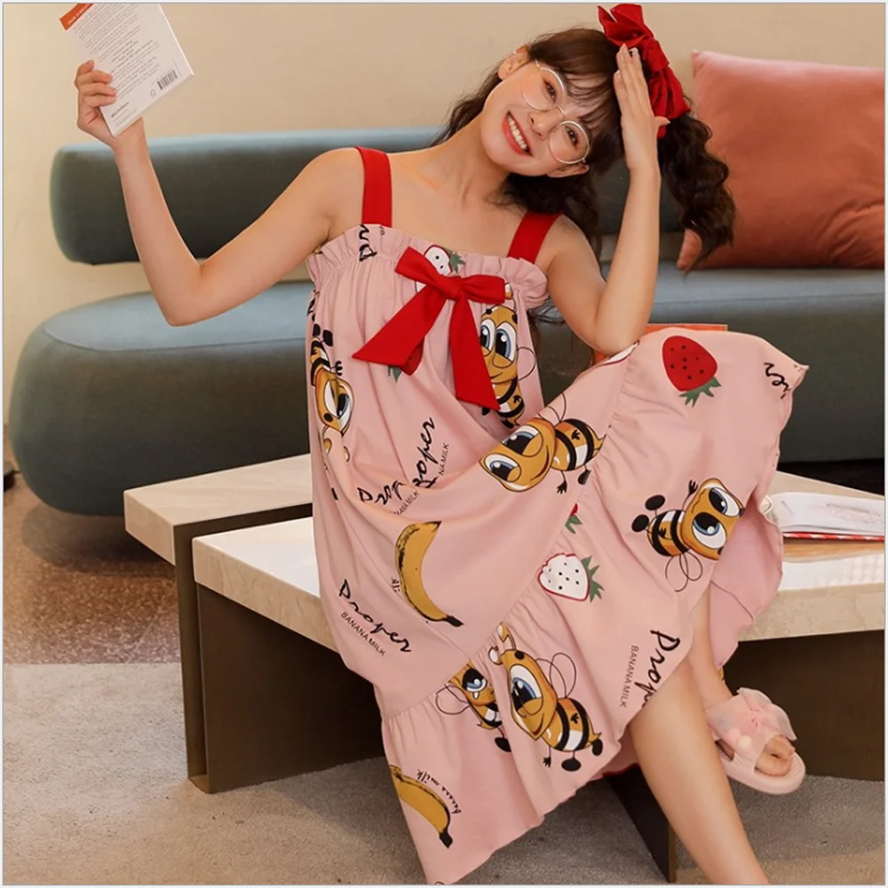 

Summer Women Loose Cotton Nightdress Pajamas Cartoon Bee Strawberry Spaghetti Strap Dress Sleepwear Student Home Wear Nightgown