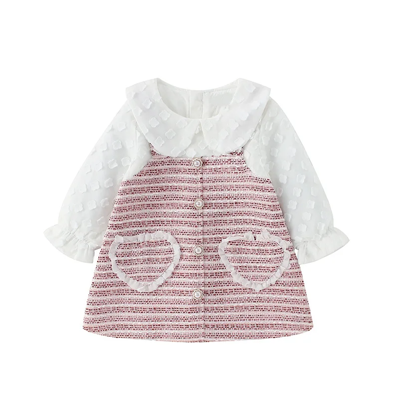 Платье для девочек осеннее платье с круглым воротником и цветочной аппликацией