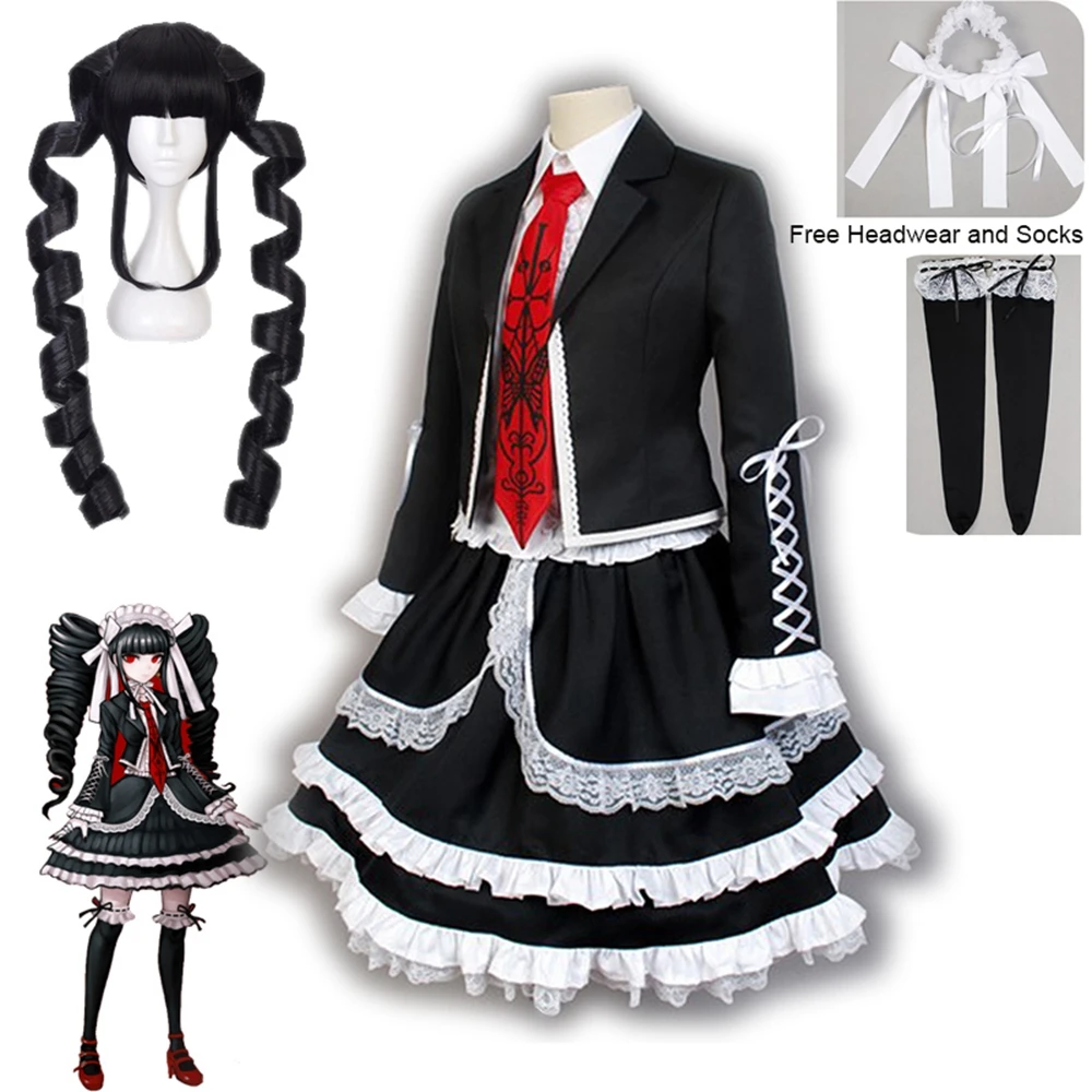 

Anime Danganronpa Celestia Ludenberg Cosplay Costume Game Danganronpa School Uniform Dress Wig Women Halloween Party Full Set