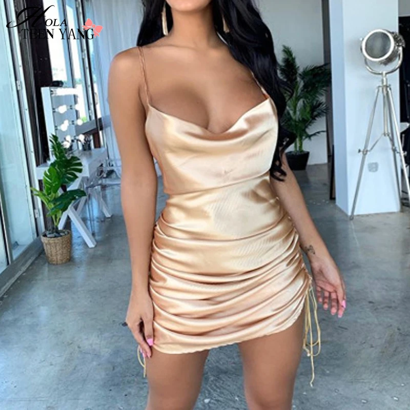 Платье мини атласное с рюшами открытой спиной и шнуровкой|Женские платья| |