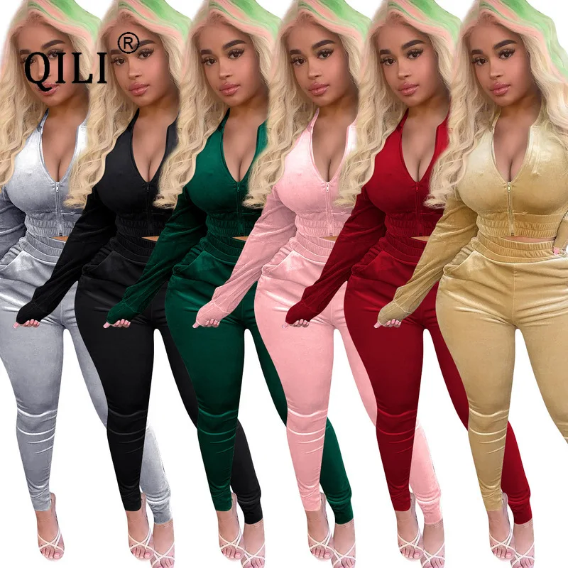 

Женский вельветовый костюм QILI, короткий топ на молнии и штаны, теплый комплект из двух предметов, зима 2020, бархатные костюмы