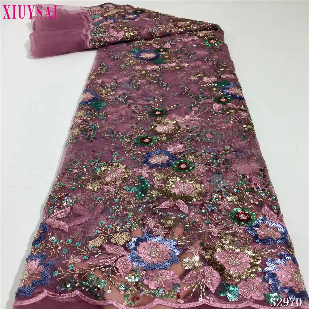 

Luxury Handmand Beaded Fabric French Net Lace African Guipure Lace Embroidered High Quality Tulle Trim Lace For Wedding Dresses