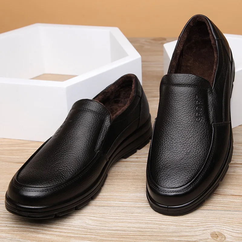 

Genuine Leather Shoes Men Winter Shoes Brand Loafers Warm Plush Leather Loafers Mens Casual Shoes Male High Quality Black A444