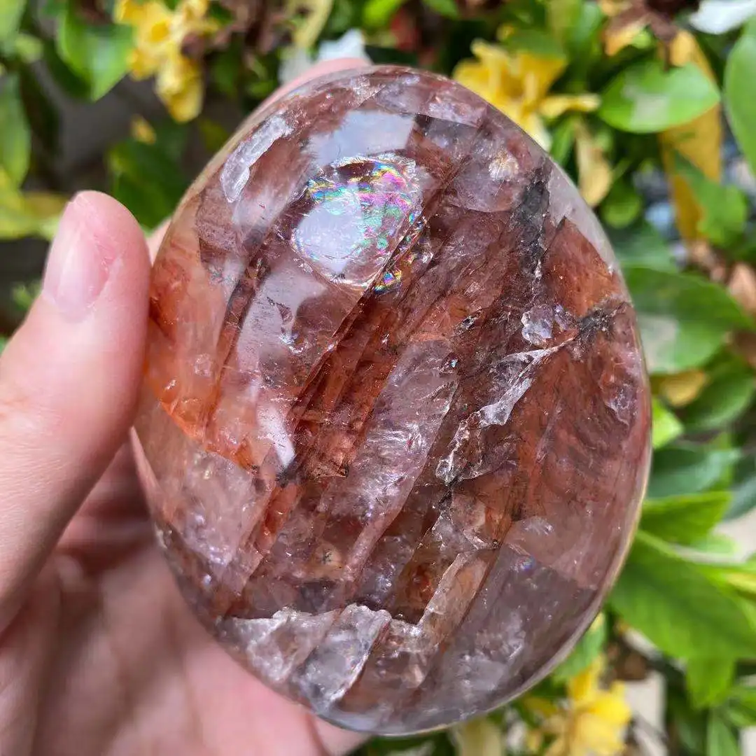 

1pc Natural crystal quartz, red glue flower free form, palm energy reiki stone