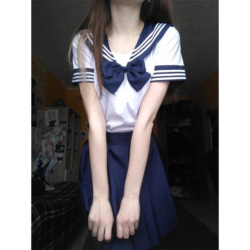 

Japanese Korean Version JK Suit Woman School Uniform High School Sailor Navy Cosplay Costumes Student Girls Pleated Skirt