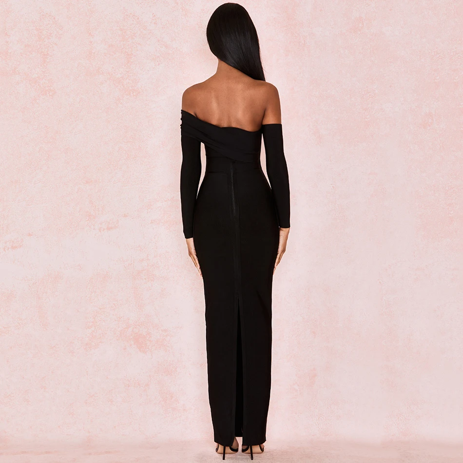 

2021 New Women'S Sexy One-Word Collar Off-Shoulder Long-Sleeved Slit Tight Bandage Dress Fashionable And Elegant Party Dress