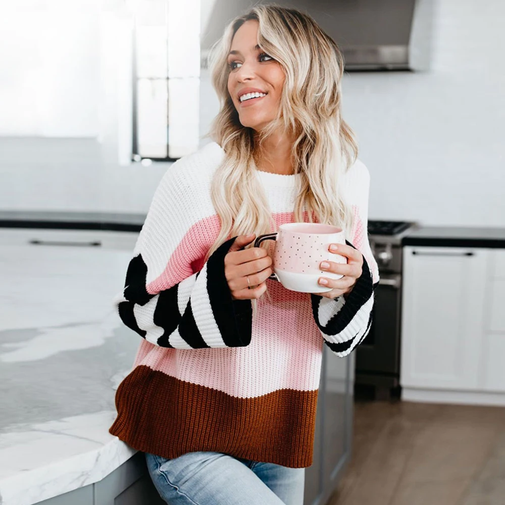 Осенне-зимний вязаный свитер в полоску женские свитера и пуловеры стиле пэчворк